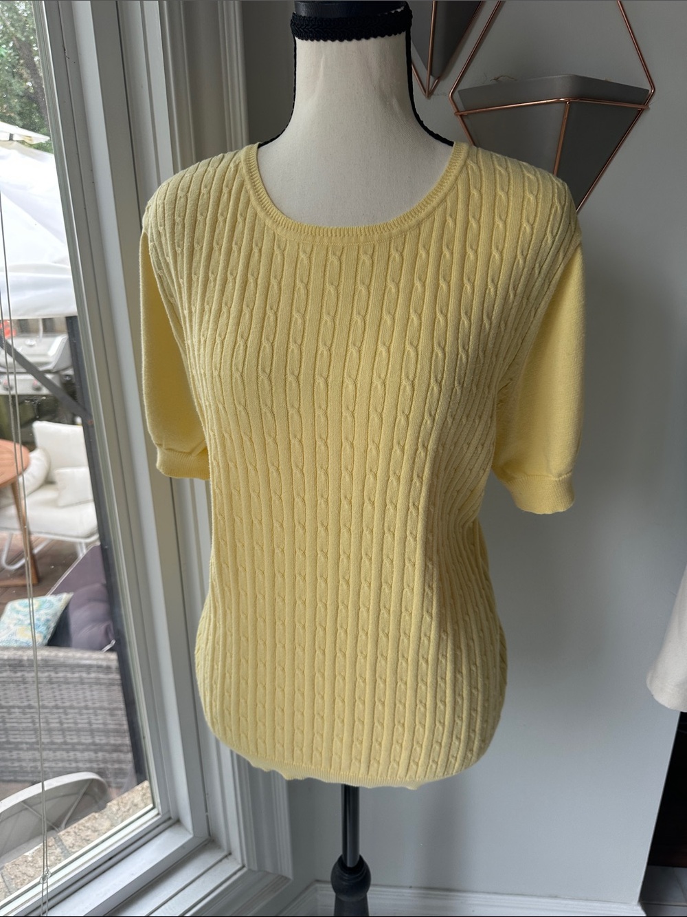 VINTAGE Y2K Short-Sleeve Cable Knit Sweater Shirt Pale Butter Yellow Size XL